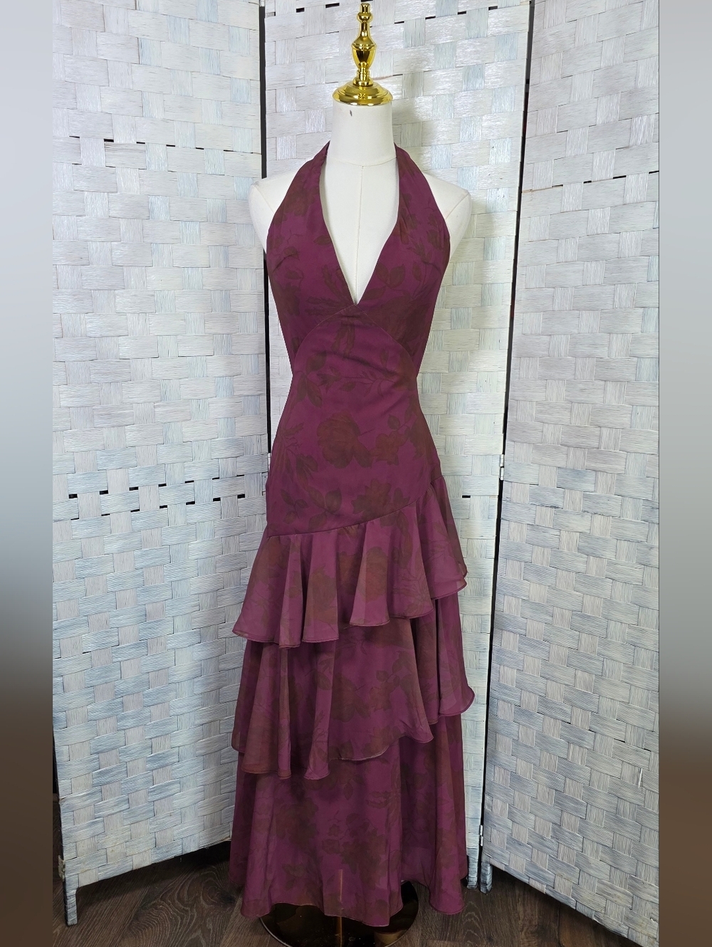 Plum Maxi Formal Dress with Tiered Ruffles - Size 4